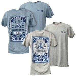 concrete and denim blue short sleeve t-shirts with Penn State tattoo designs front and back